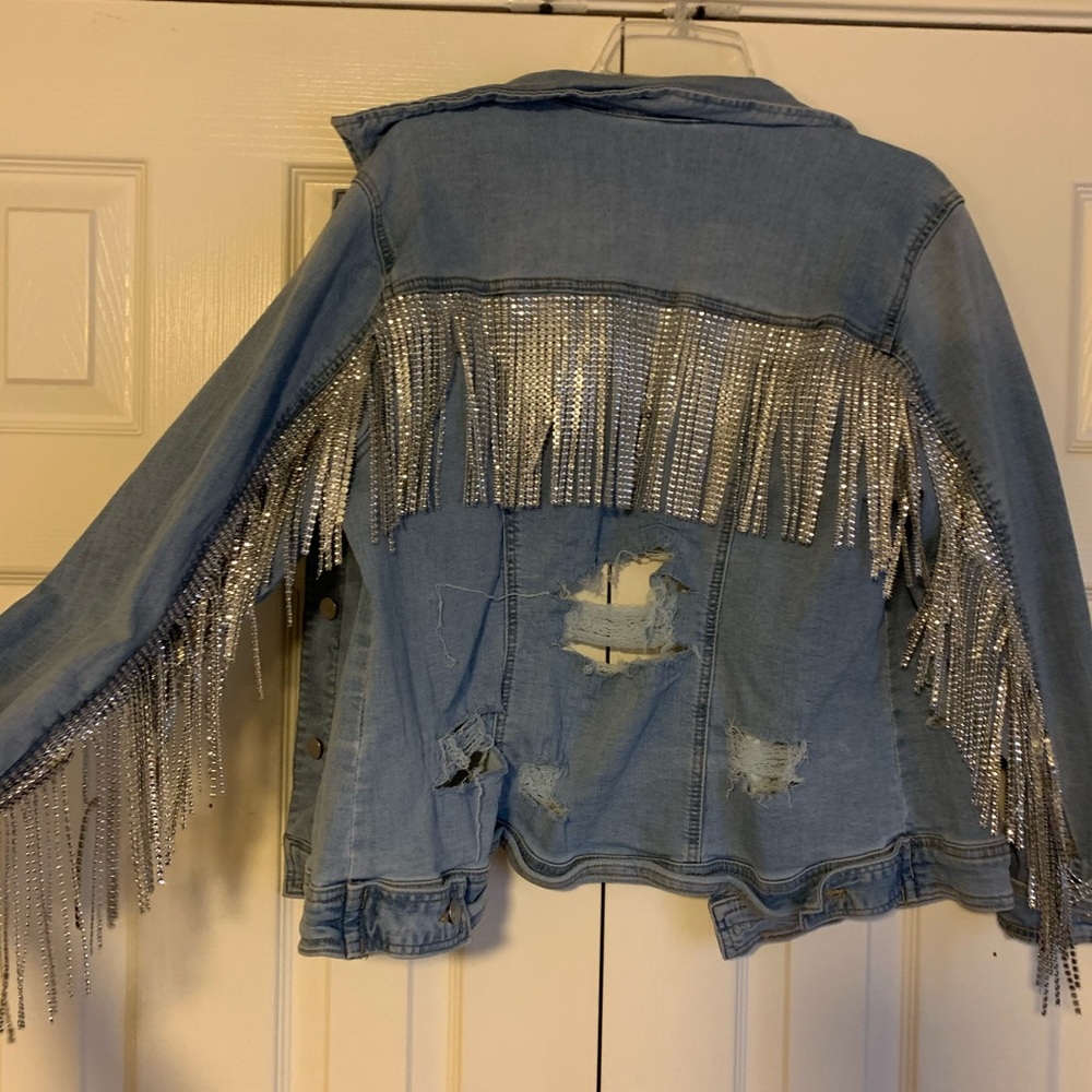 Women's Blue Jean Jacket with Silver Fringe